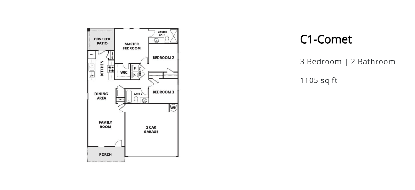 Floor plan for 3 beds, 2 baths, 1105 sqft